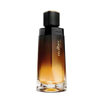 Imagem de frasco de desodorante colônia da marca Malbec Pure Gold em tons degradê de marrom a dourado, com formato geométrico e tampa preta, A embalagem traz rótulo dourado e 100 ml da fragrância.