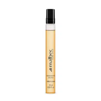 Frasco transparente com tampa preta contendo líquido âmbar de Malbec Pure Gold Desodorante Colônia em versão compacta de 10ml.
