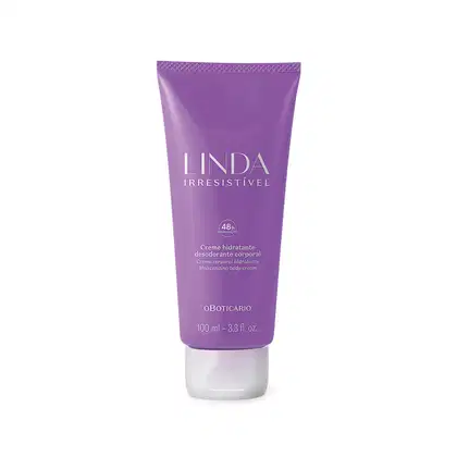 Bisnaga roxa com letras e tampa na cor lilás contendo 100ml de creme desodorante hidratante corporal da marca Linda Irresistível.