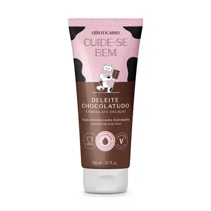 Frasco de loção hidratante corporal da marca Cuide-se Bem Deleite Chocolatudo, com bisnaga rosa e marrom, apresentando ilustração de vaca no rótulo.