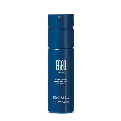 Frasco cilíndrico azul marinho com letras brancas contendo 100ml de body spray da marca Egeo Original.