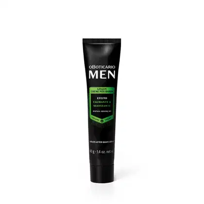 Bisnaga preta de creme pós-barba da marca Oboticario Men, com texto em verde e branco indicando "Azulén" e "Efeito calmante & suavizante".