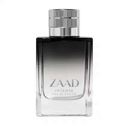 Imagem de um vidro de Eau de Parfum Zaad Intense, com design elegante em preto e prata. O rótulo destaca o nome da marca Zaad Intense e a descrição em letras grandes e claras.