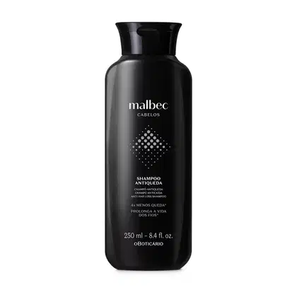 Frasco preto com letras brancas e detalhes cinza contendo 250ml de shampoo antiqueda Malbec Cabelos.