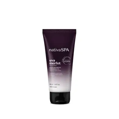 Frasco de loção corporal nutritiva da marca Nativa SPA Uva Merlot, em embalagem com degradê de roxo escuro e branco, tampa preta e rótulo em letras brancas contendo o nome do produto e informações sobre o produto.