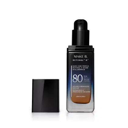 Frasco de vidro retangular aberto em degradê de preto para o azul base líquida da marca Make B.  Retinol 3 H+, na parte inferior se vê o tom marrom da base. O rótulo contém texto escrito em branco, com destaque para o FPS 80. Tampa preta ao lado do frasco