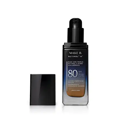 Frasco de vidro retangular aberto em degradê de preto para o azul base líquida da marca Make B.  Retinol 3 H+, na parte inferior se vê o tom marrom da base. O rótulo contém texto escrito em branco, com destaque para o FPS 80. Tampa preta ao lado do frasco