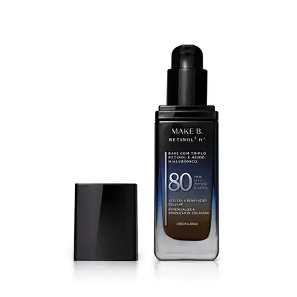 Frasco de vidro retangular aberto em degradê de preto para o azul base líquida da marca Make B.  Retinol 3 H+, na parte inferior se vê o tom marrom da base. O rótulo contém texto escrito em branco, com destaque para o FPS 80. Tampa preta ao lado do frasco