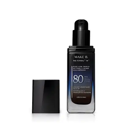 Frasco de vidro retangular aberto em degradê de preto para o azul base líquida da marca Make B.  Retinol 3 H+, na parte inferior se vê o tom marrom da base. O rótulo contém texto escrito em branco, com destaque para o FPS 80. Tampa preta ao lado do frasco