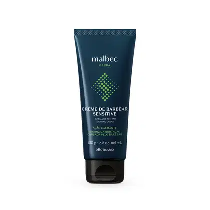 Creme de barbear Sensitive da marca Malbec. Embalagem plástica tubular na cor azul marinho. Rótulo com o logotipo da marca em verde, composto por pontos formando um losango.