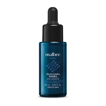Frasco azul escuro com letras brancas, detalhes azuis e tampa preta contendo 25ml de óleo para barba da marca Malbec Barba.