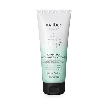 Um frasco verde claro com tampa e letras na cor verde escuro contendo 150ml de shampoo esfoliante anticaspa Malbec Cabelos.