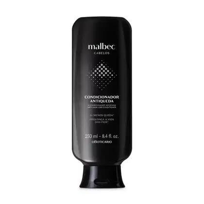 Frasco preto com letras brancas e detalhes na cor cinza contendo 250ml de condicionador antiqueda Malbec Cabelos.