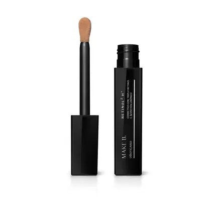 Frasco preto de corretivo líquido da marca Make B. Retinol³ H+ aberto e tampa com aplicador visível na cor preta com ponta em espuma aveludada na cor do produto.