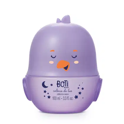 Frasco em forma de pintinho na cor roxa com detalhes laranja contendo 100ml de colônia Boti Baby Lua.