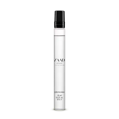 Imagem de um frasco cilíndrico transparente, líquido claro e tampa preta contendo 10ml de Eau de Parfum Zaad Intense.