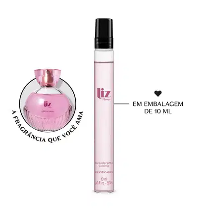 Frasco cilíndrico transparente com líquido claro, tampa preta e letras na cor vinho contendo 10ml de desodorante colônia Liz Flora. Ao lado, um vidro arredondado com tampa dourada e letras na cor vinho da mesma fragrância.