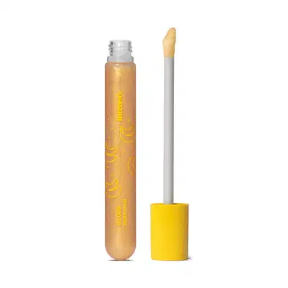 Frasco cilíndrico com conteúdo amarelo, haste branca, tampa e esponja aplicadora amarela contendo 5,2ml de gloss brilho labial Intense Banana.