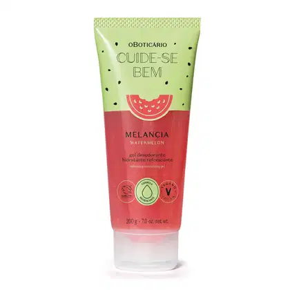 Bisnaga verde e vermelha com pontinhos pretos e ilustração de melancia contendo 200g de gel hidratante refrescante Cuide-se Bem Melancia.