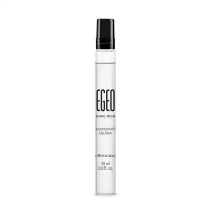 Vidro transparente em formato cilíndrico com tampa preta e letras pretas contendo 10ml de desodorante colônia Egeo Choc High.
