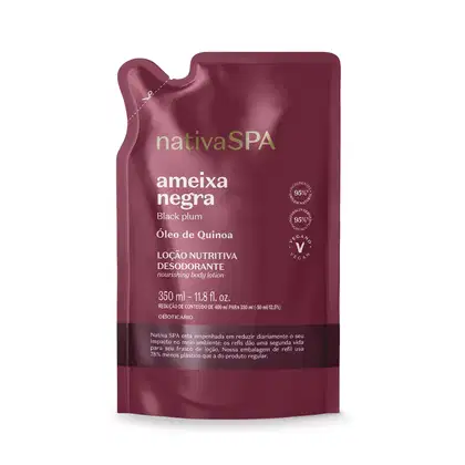 Imagem de um refil em sachê na cor vinho com rótulo em letras douradas e brancas contendo 350ml de loção hidratante desodorante corporal Nativa SPA Ameixa Negra.