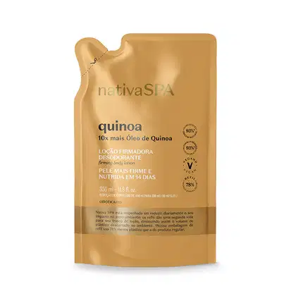 Imagem da embalagem refiil de loção corporal da marca Nativa SPA Quinoa, com sachê de plástico flexível na cor dourada, rótulo com texto e informações sobre o produto em letras brancas e pretas. O produto contém 350ml.