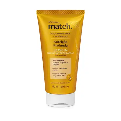 Imagem de uma bisnaga dourada contendo o leave-in da marca Match. Nutrição Profunda. A embalagem tem a tampa branca, seu  rótulo possui detalhes em amarelo com as letras pretas e ela traz 150ml de produto.
