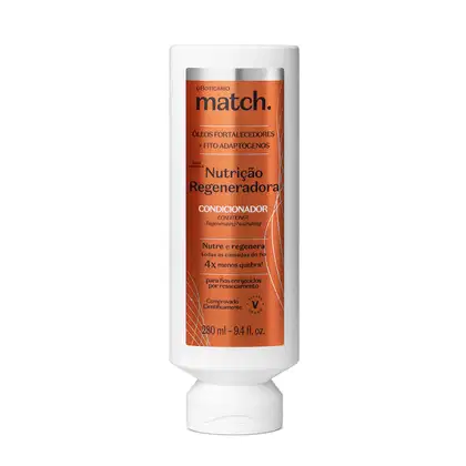 Frasco branco de condicionador da marca Match, com rótulo laranja destacando os benefícios de nutrição e regeneração para os cabelos.