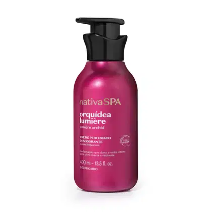 Embalagem pump de 400ml de creme corporal perfumado da marca Nativa SPA Orquídea Lumière, com cor rosa vibrante e tampa preta, com informações sobre o produto escritas em branco no rótulo.
