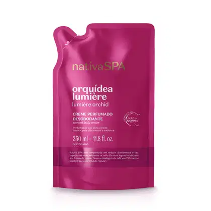 Embalagem flexível de 350 ml contendo refil de creme perfumado desodorante da marca Nativa SPA Orquídea Lumière, na cor rosa vibrante, com informações sobre o produto escritas em branco.