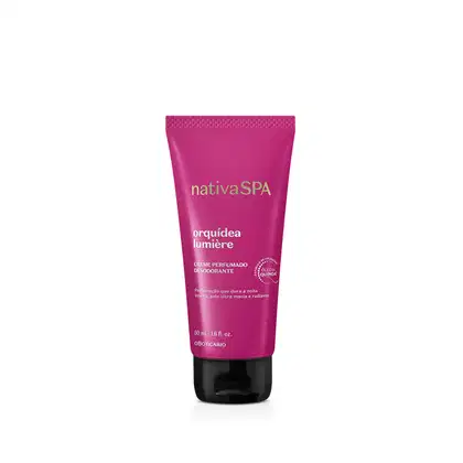 Imagem de um frasco roxo com tampa preta e letras brancas contendo 50ml de creme desodorante perfumado da marca Nativa SPA Orquídea Lumiére.