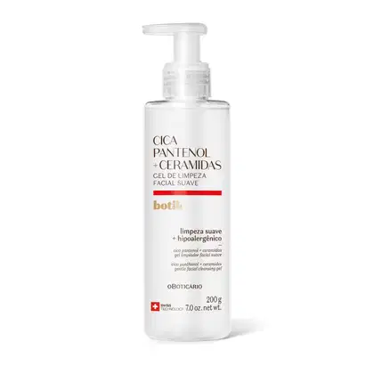 Frasco de gel de limpeza facial suave da marca Botik Cica Pantenol e Ceramidas, em embalagem transparente e conteúdo claro, tampa dosadora e rótulo com detalhe vermelho, contendo 200g do produto.
