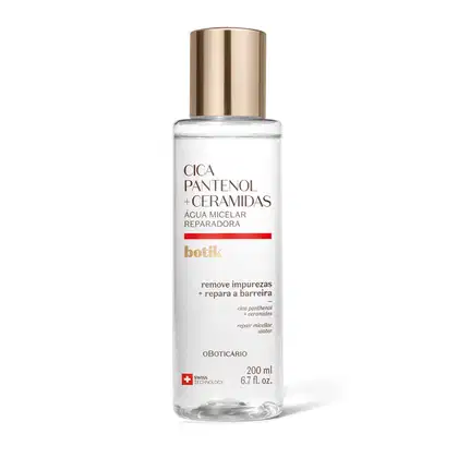 Frasco de 200ml de água micelar reparadora da marca Botik Cica Pantenol e Ceramidas, em embalagem transparente com líquido claro, tampa prateada e rótulo com detalhe vermelho contendo informações sobre ingredientes Cica Pantenol e Ceramidas.