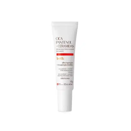 Imagem de uma bisnaga branca com letras pretas e detalhe vermelho contendo 10 ml de creme facial multirreparador calmante da marca Botik Cica Pantenol E Ceramidas.