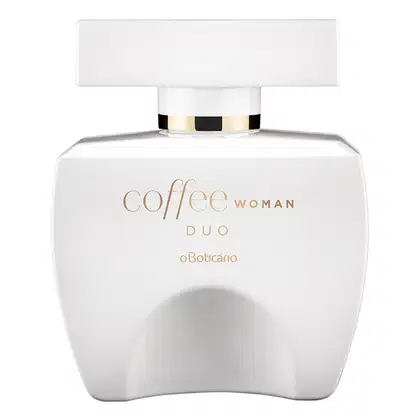 Vidro branco em formato quadrado com tampa da mesma cor em formato retangular, detalhes e letras douradas, contendo 100ml de desodorante colônia Coffee Woman Duo.