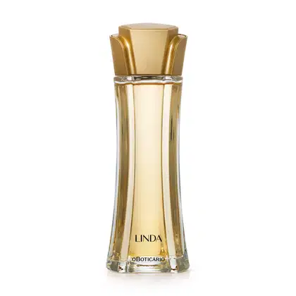 Vidro alongado com líquido bege e tampa dourada em forma de flor contendo 100ml de desodorante colônia da marca Linda.
