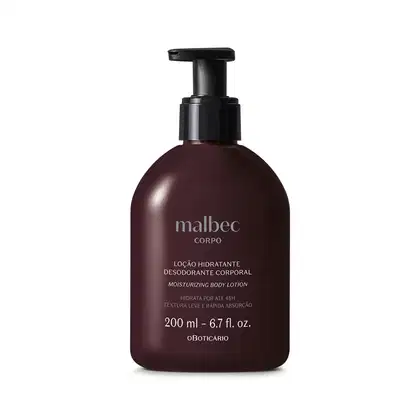 O produto apresentado é um creme hidratante corporal da marca Malbec. A embalagem é um frasco de plástico de cor marrom escuro com texto branco gravado na embalagem. O frasco possui um dispensador de bomba preta na parte superior.