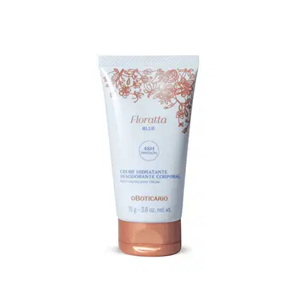 Bisnaga azul claro, letras azuis, detalhe floral e tampa na cor dourada contendo 75g de creme hidratante corporal Floratta Blue.