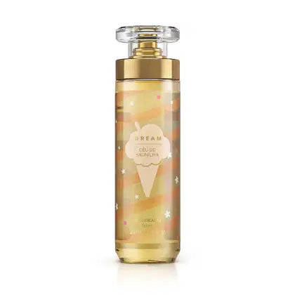 Imagem do frasco de body splash Dream Céu de Baunilha, em embalagem cilíndrica com tampa transparente e válvula spray dourada. O rótulo é em tons de amarelo, laranja e branco e traz um sorvete ilustrativo. O recipiente conta com 200ml de produto.