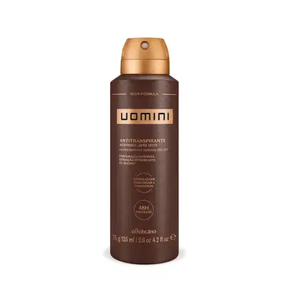 Frasco marrom com tampa e letras douradas contendo 75g/125ml de desodorante antitranspirante aerossol da marca Uomini.