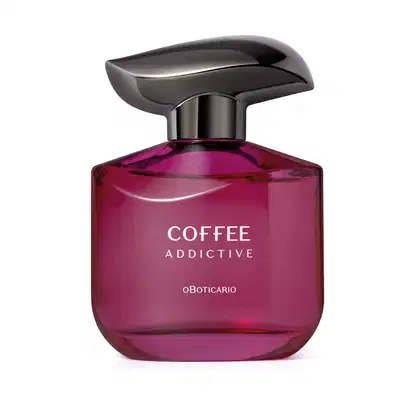 Imagem de um frasco de desdoorante colônia da marca Coffee Woman Addictive, com tonalidades de roxo, cantos arredondados e  rótulo em branco. A embalagem possui um design moderno que sugere um produto sofisticado e elegante.
