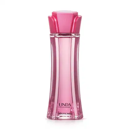 Frasco de vidro longo e transparente com líquido rosa e tampa rosa em formato de flor contendo 100ml de desodorante colônia Linda Felicidade.