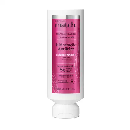 Frasco branco com rótulo lilás metalizado e letras pretas e brancas contendo 280ml de condicionador da marca Match Hidratação Antifrizz.