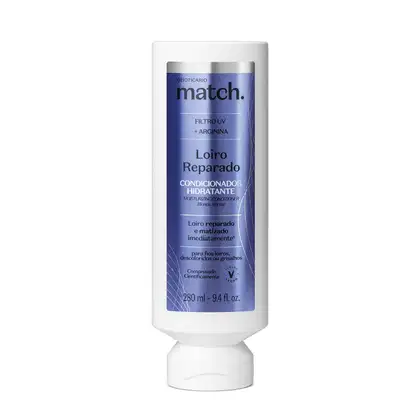 Frasco branco com rótulo azul metalizado e letras pretas e brancas contendo 280ml de condicionador hidratante da marca Match Loiro Reparado.