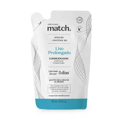 Refil de condicionador Match Liso Prolongado em sachê de 250ml nas cores azul e branca com letras pretas.