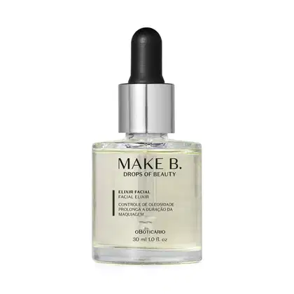 O produto mostrado na imagem é um elixir facial da marca Make B. Drops of Beauty. O frasco é de vidro transparente com um conta-gotas preto no topo. O rótulo do produto apresenta a marca e informações sobre o produto em português.