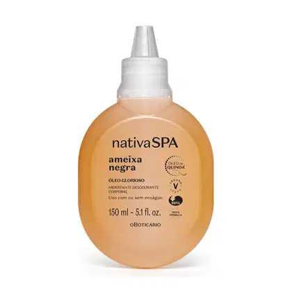 Imagem de uma embalagem refil na cor amarela com tampa branca e letras pretas contendo 150ml de óleo glorioso hidratante desodorante corporal da marca Nativa SPA Ameixa Negra.