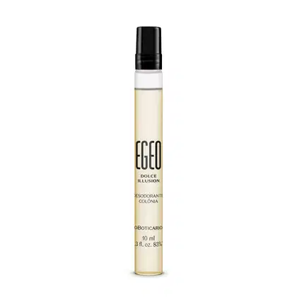 Imagem de um frasco cilíndrico de 10ml contendo desodorante colônia Egeo Dolce Illusion. A embalagem é transparente com líquido claro, e traz tampa e rótulo pretos.