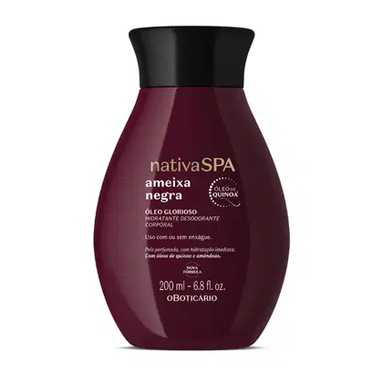 Imagem de um frasco de óleo glorioso hidratante corporal da marca Nativa SPA, na cor vinho escuro, com rótulo em letras brancas exibindo o nome "Ameixa Negra" e informações sobre o produto.