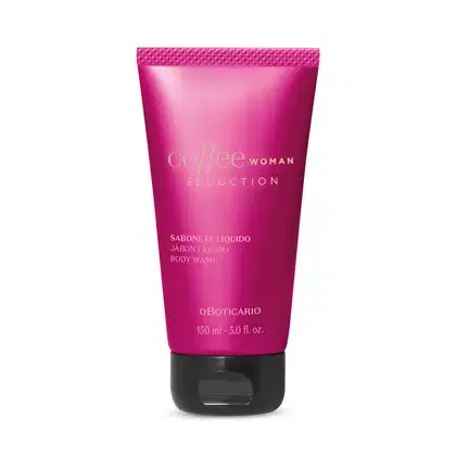 Frasco de sabonete líquido corporal da marca Coffee Woman Seduction, com embalagem rosa brilhante e tampa preta contendo 150ml do produto.
